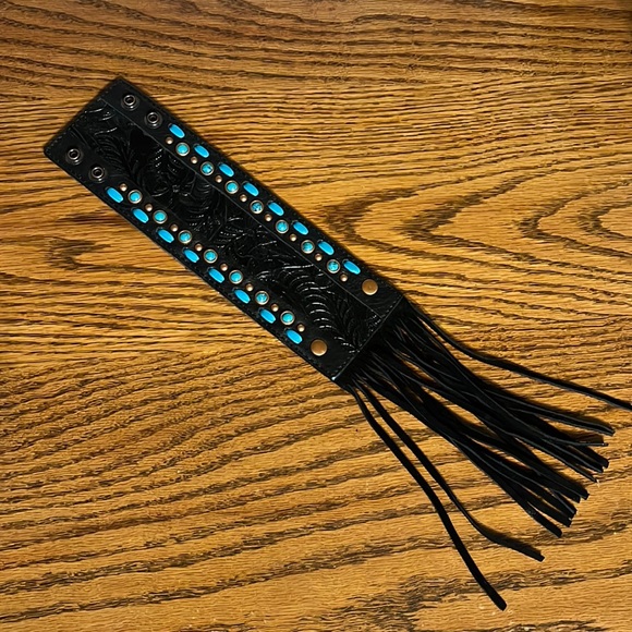 Accessories - Leather and Fringe Cuff Biker Hippie  Western Wrist Cuff Boho Bracelet